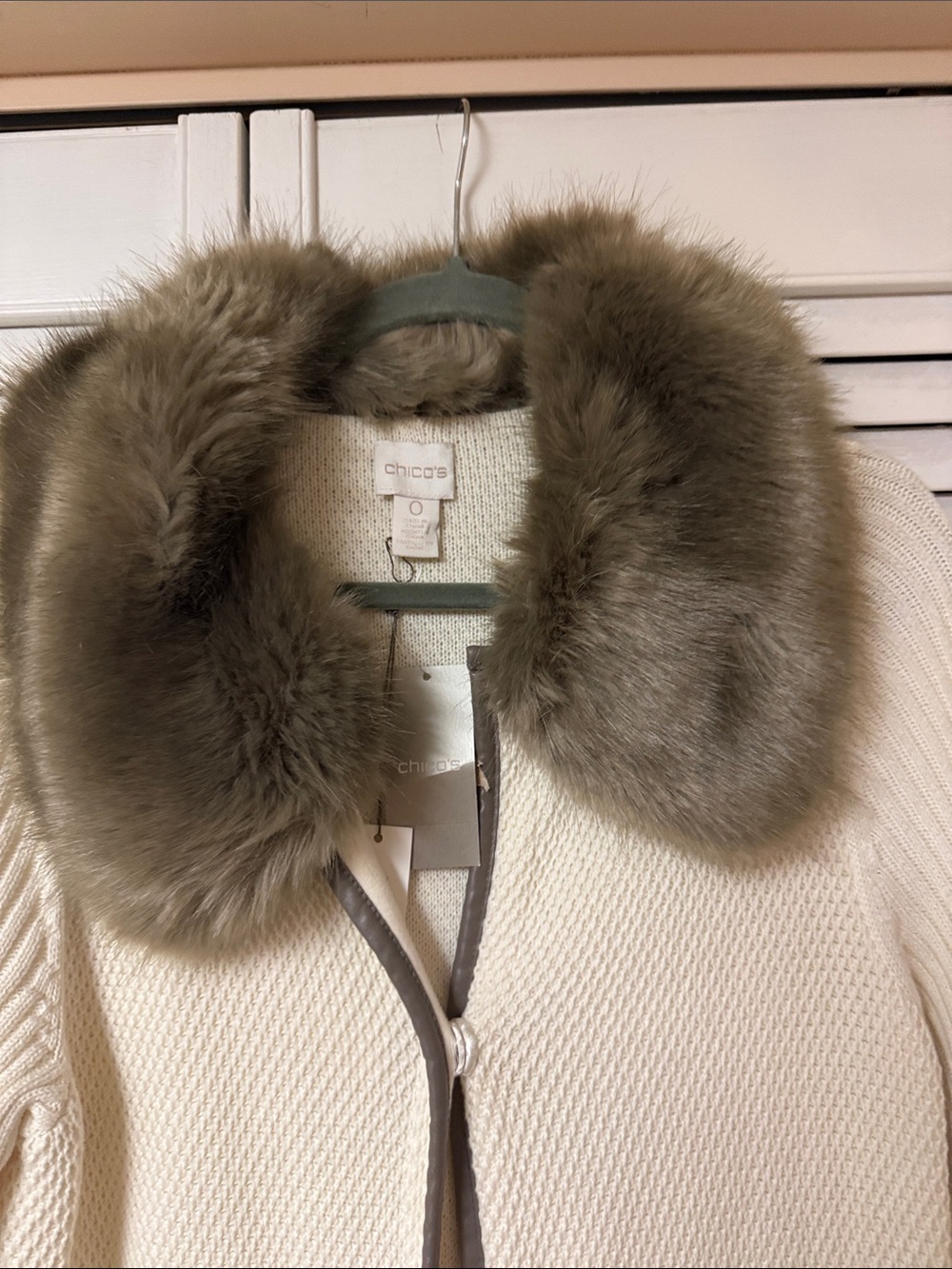 Chico's Cream Knit Jacket with Removable Taupe Faux-Fur Collar